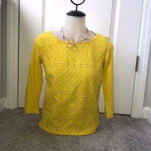 Yellow J. Crew three-quarter sleeve eyelet top
